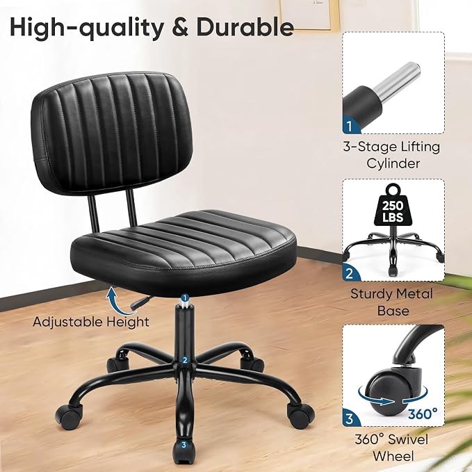 DUMOS Small Office Desk Chair, Armless Vanity Chair with Lumbar Support | PU Leather, 360° Rolling Task, Height Adjustable, Home Bedroom, Adult, Student, Black