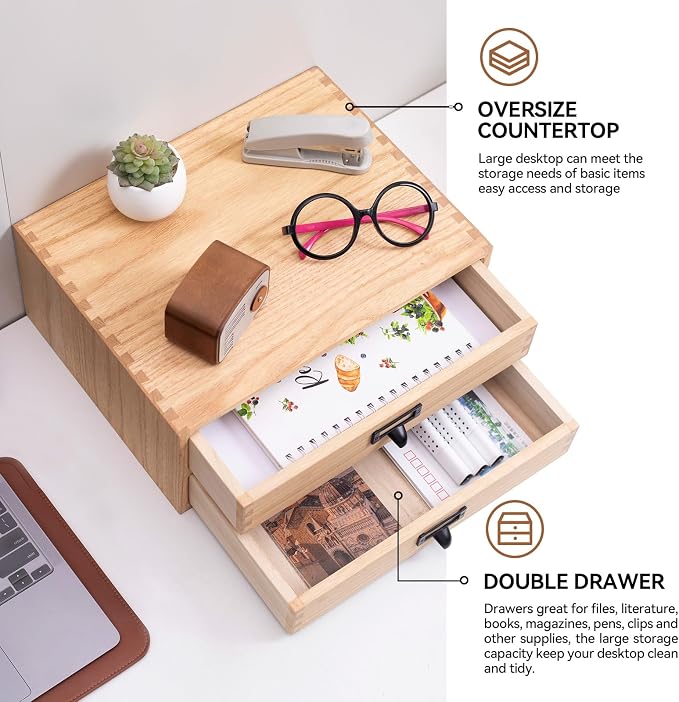 KIRIGEN Solid Wood Desk Organizer with 2 Drawers, Desktop Storage, Natural | 2-Drawer Cabinet for Printer Paper, Mail, Notebooks, and Office Supplies, 13.78 x 10.6 x 5.9 In, Fully Assembled