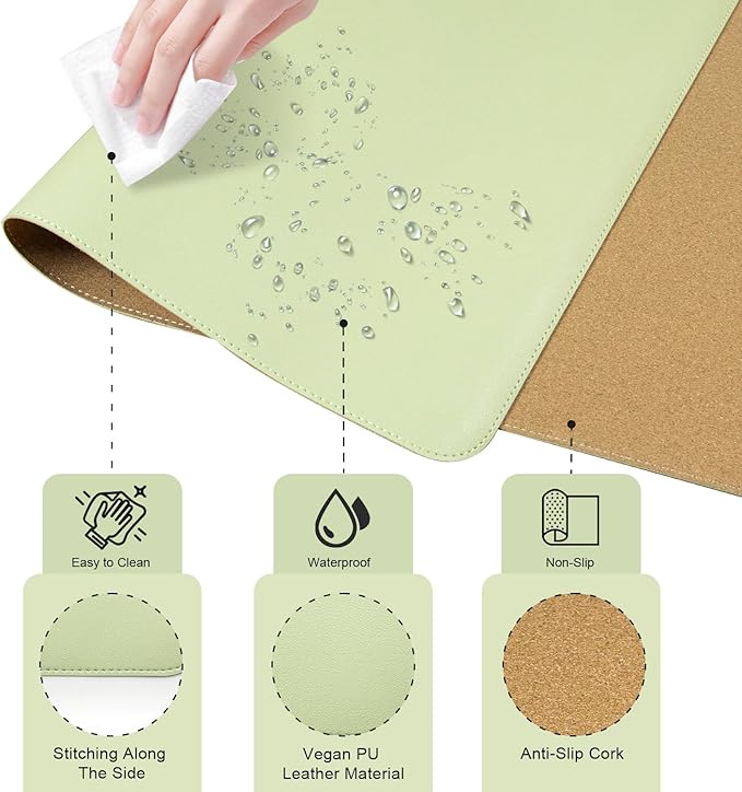 Dual-Sided Desk Pad, Natural Cork & PU Leather Mouse Pad for Desk, Desk Pad Protector, Non-Slip Desk Mat for Office and Home Work, (Matcha, 23.6" x 13.7")