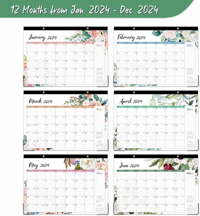 2024 Desk Calendar - Desk Calendar 2024,12 Monthly Desk/Wall Calendar 2-in-1, 16.8" x 12", January 2024 - December 2024, Thick Paper with Corner Protectors, Large Ruled Blocks - Blue Floral