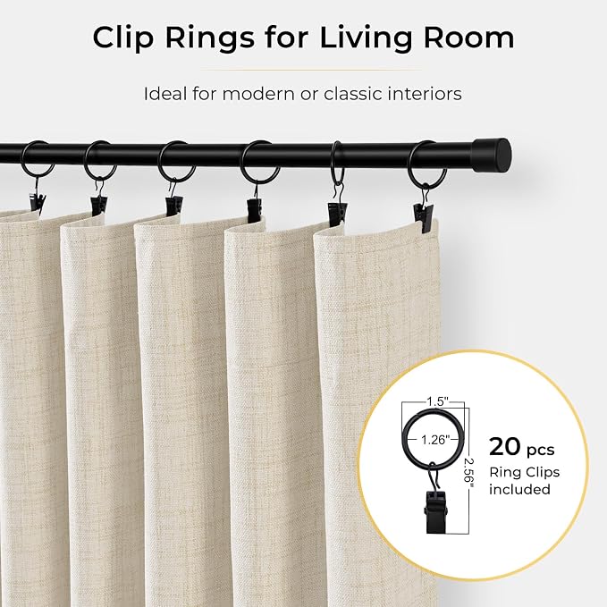 INOVADAY 100% Blackout Curtains for Bedroom, Cream Black Out Curtains 72 Inch Long, Clip Rings Linen Blackout Drapes, Thermal Insulated Room Darkening for Living Room, 2 Panels - W50xL72