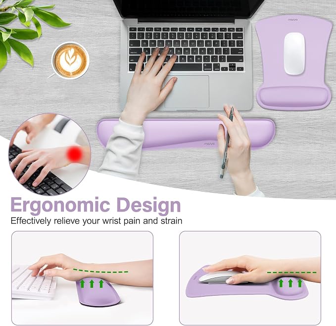 MOSISO Wrist Rest Support for Mouse Pad & Keyboard Set, Ergonomic Mousepad Non-Slip Base Home/Office Pain Relief & Easy Typing Cushion with Neoprene Cloth & Raised Memory Foam, Dusty Lilac