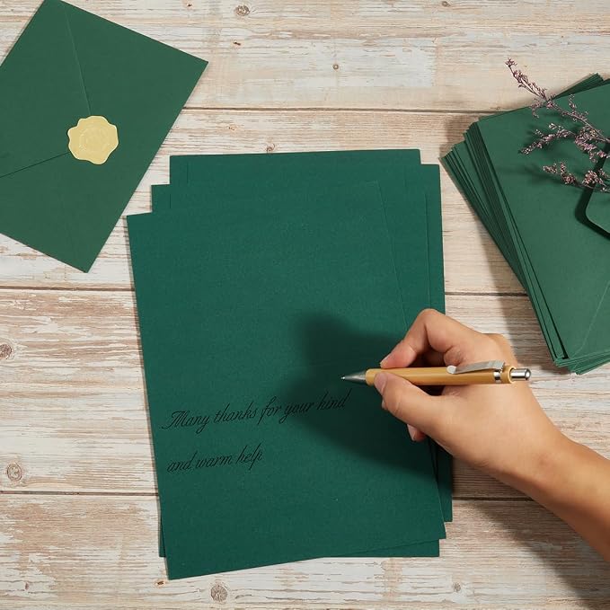 50 Pack Dark Green A7 Envelopes with Cards and Gold Stickers, 5x7 | With Thick Folded Cardstock, For Greeting Cards, Wedding, Birthday, Invitations, Baby Showers