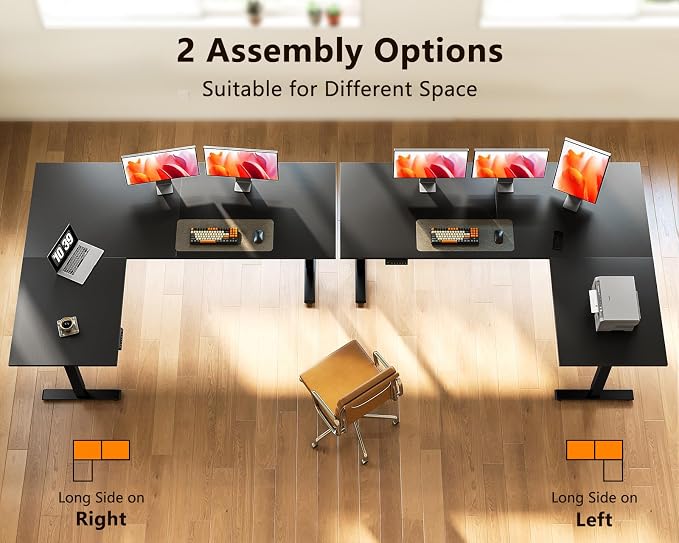 Casaottima 63 Inch Reversible L Shaped Electric Standing Desk, Ergonomic Height Adjustable Desk, Large Lift Corner Stand up Table for Workstation, Home Office, Reception Room, Black