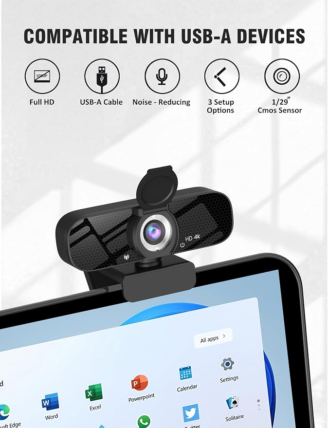 Tewiky Full HD Webcam with Built-in Microphone and Rotatable Tripod, 4K Video and Wide Angle Camera, Privacy Cover, for Desktop PC or Laptop Computer