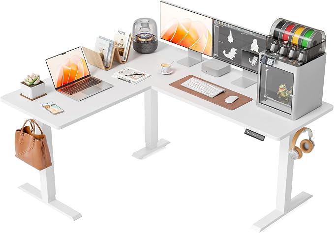 FEZIBO 63" x 55" L-Shaped Standing Desk - Adjustable Corner Desk L Shape, L-Shaped Adjustable Desk with Splice Board, L Shape Standing Desk, White