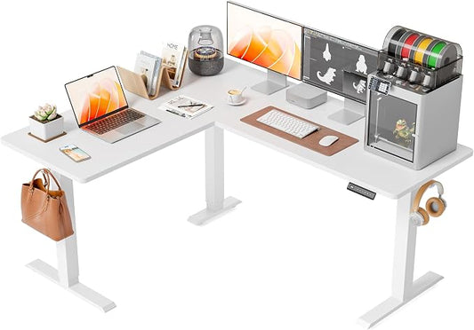 FEZIBO 63" x 55" L-Shaped Standing Desk - Adjustable Corner Desk L Shape, L-Shaped Adjustable Desk with Splice Board, L Shape Standing Desk, White