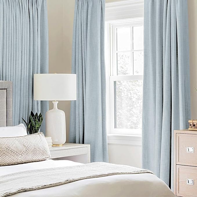 MIULEE 90 Inches Linen Textured Curtains for Bedroom 100% Blackout Thermal Insulated Chambray Blue Grommet Room Darkening Curtains & Drapes Luxury Decor for Living Room 52 x 90 Inch (2 Panels)