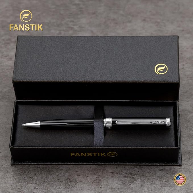 FANSTIK Customized Black & Silver Luxury ballpoint pen, fancy gift set for women, Chrome Finish, Professional executive pen gift set for men (Lux Custom-BallPoint Black-Silver)