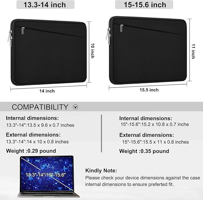 Laptop Sleeve 15.6 inch, Durable Computer Carrying Bag Protective Case Briefcase Handbag with Front Pocket, Slim Laptop Cover for 15-16 Inch HP, Dell, Lenovo, Asus, Notebook, Black