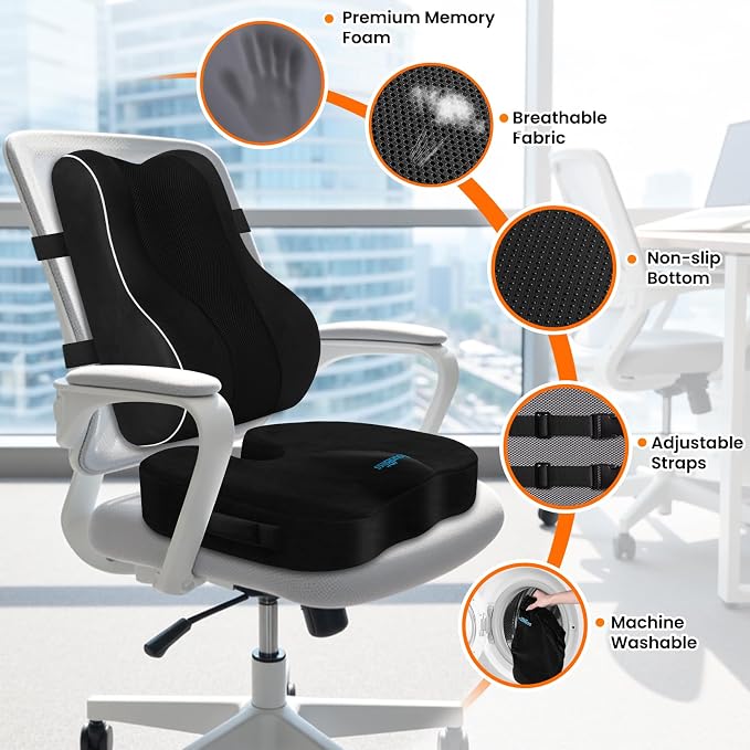 CloudBliss Lumbar Support Pillow, Memory Foam for Office Chair, Black | Ergonomic High-Density Memory Foam, Adjustable Straps, Washable Mesh Cover, Lower Back Support for Office, Gaming & Car Seat