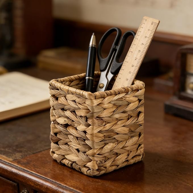 Vintage Woven Pencil Cup, Rattan-Style Desk Organizer - Large Capacity Pen Holder for Office, Home & School Supplies, 1 Count