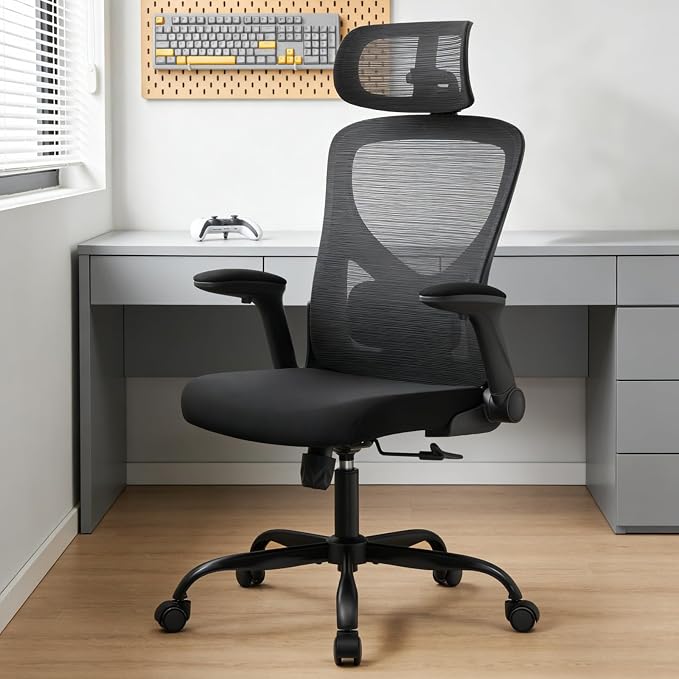 Office Chair,Ergonomic Mesh Computer Desk Chair,Black | 2D Adjustable Lumbar Support,3D Headrest,Adjustable & Flip-Up Armrests,Rolling,Tilting,Swivel,High Back,Executive PC Chair