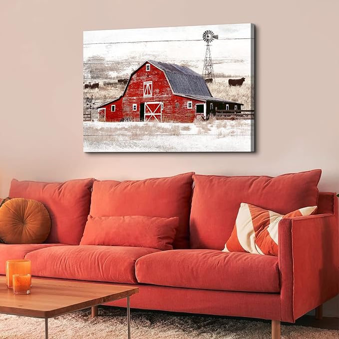 Large Country Barn Wall Art Farmhouse Wall Decor for Kitchen Dining Room Rustic Home Red Barn Windmill Landscape Painting Vintage Highland Cow Animal Poster Artwork Cabin House Decorations 32x48”
