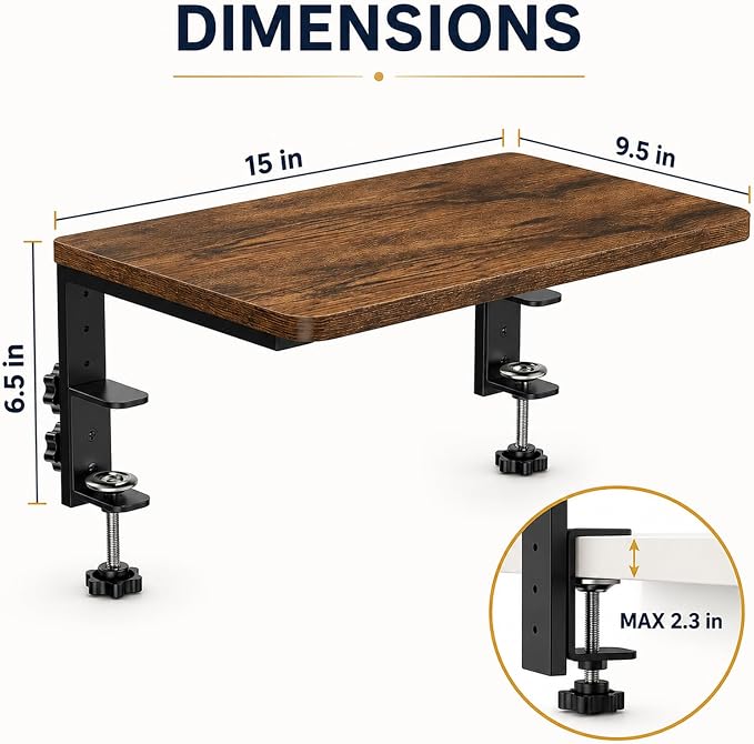 Clamp-On Desk Extender, 15 x 9.5 Inch Monitor Riser | Height options, No-drill setup, 3-in-1 use, 44 lb load, Office station, Gaming area, Brown finish