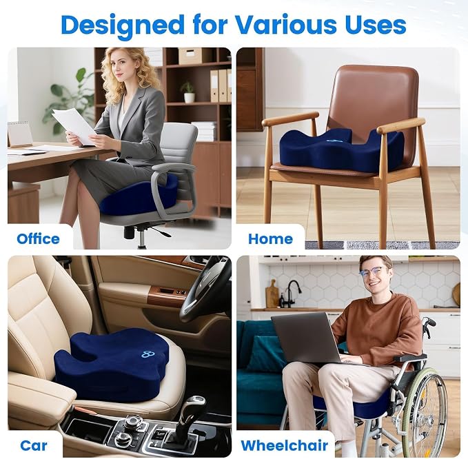 Seat Cushion with Carry Handle, Memory Foam for Tailbone/Sciatica Easing, Chair Cushions for Cars, Desks, Office Chair Cushion with Non-Slip Design, Ideal for Post-Surgery Recovery (Blue)