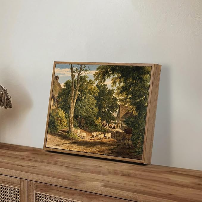 OIQArtOIQ Vintage Framed Wall Art Rural Farm Scene Canvas Art Prints Countryside Landscape Pictures Wall Decor Modern Rustic Farmhouse Paintings Artwork For Bedroom Bathroom Office Living Room