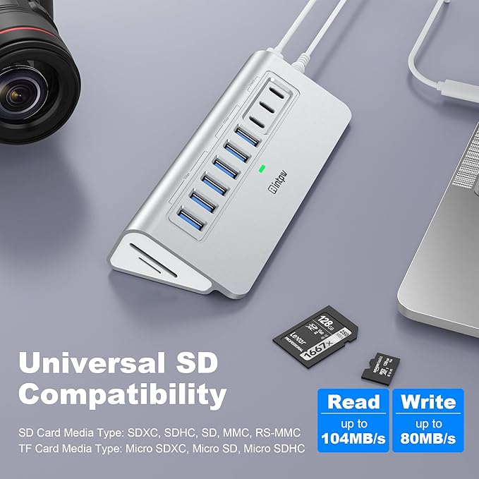 YH6AC Plus Powered USB Hub 10Gbps, 11 Port USB 3.2 Hub(USB A/USB C 3.2+4 USB-A 3.0+2 PD 45W Fast Charging Ports+SD/TF Card Reader), 65W Power Adapter,Aluminum USB HUB for PC,Laptop,iPhone 17/16
