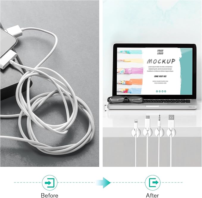12 Pack Cable Clips, Adhesive Cord Organizer Holder for Desk White | Removable, Strong Adhesion, Leave No Trace, Cable Management for Car Cubicle Nightstand, Home Office Essentials