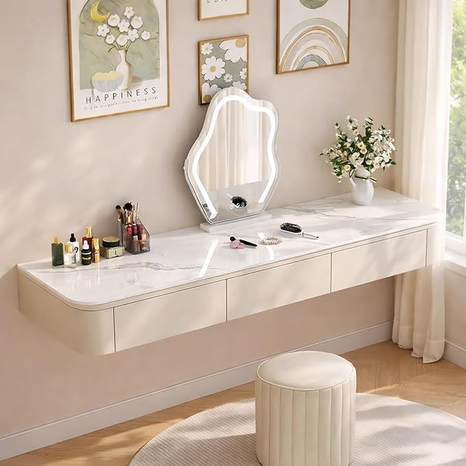 Floating Makeup Vanity Desk With Drawers Wall Mounted Makeup Table With Storage Fully Assembled Floating Vanity Desk Space Saving Modern Dressing Table For Bedroom Closet(Dark Khaki Marble,63")