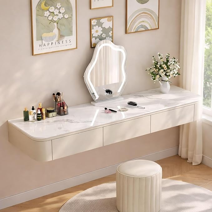 Floating Makeup Vanity Desk With Drawers Wall Mounted Makeup Table With Storage Fully Assembled Floating Vanity Desk Space Saving Modern Dressing Table For Bedroom Closet(Dark Khaki Marble,39.3")
