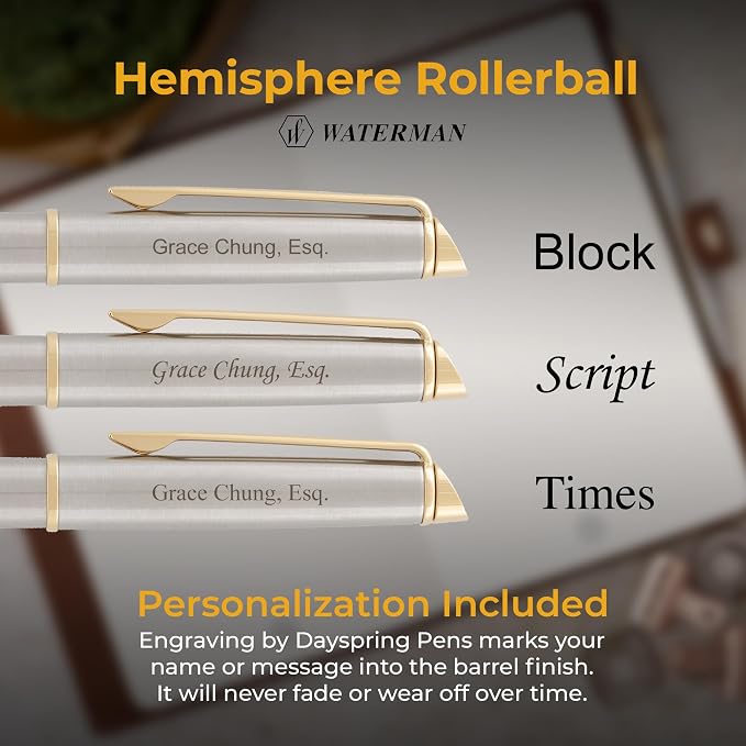 Waterman Hemisphere Engraved Rollerball Pen, Brushed Stainless with 23K Gold Trim, Fine Point, Tone-on-Tone Engraving, Personalized Gift for Executives, Retirement, Board Members, Career Advancement