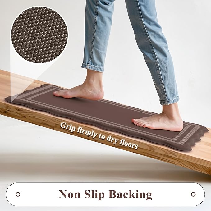 KIMODE Anti Fatigue Kitchen Mats for Floor, Farmhouse Scalloped Rugs for Kitchen Floor, Boho Kitchen Rugs Non Slip, Cushioned Standing Mats for Laundry Office Sink Desk Brown 17"x47"+17"x29"