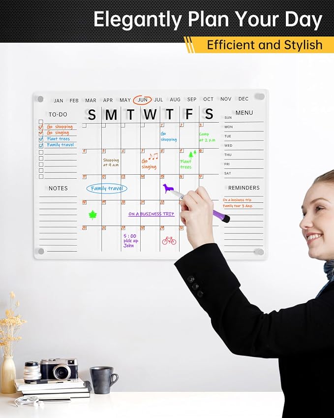 24x16 Acrylic Wall Calendar with Dry Erase Surface, Streamlined Monthly Planner Board, Includes Vibrant Markers, Eraser, Multi-Color Mounting Screws, & Easy Install Kit - Ideal for Home & Office