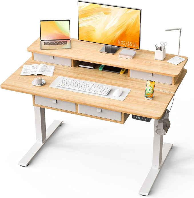 Kingant Electric Standing Desk with 4 Drawers,USB Charging Ports 48"x 30" | Ergonomic Height Adjustable Large Workstation, Heavy-Duty Sit Stand Up Desk For Home Office Daily Work,Nature