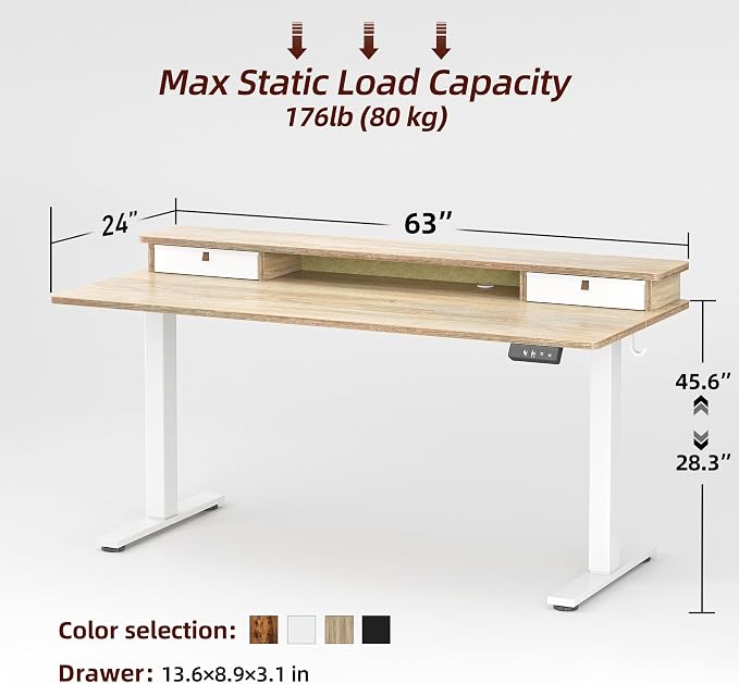TIQLAB Standing Desk with Two Drawers, Stand Up Standing Desk Adjustable Height, Electric Sit Stand Table with Storage Shelf and Splice Board, 63 * 24 inch, Maple