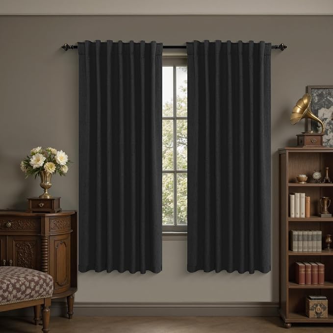 KOUFALL 72 Inch Black Curtains for Bedroom, Linen Thermal Blackout Back Tab Black Out Vintage Gothic Curtains for Living Room Bedroom Livingroom, Wide 52 x 72 in Length, 2 Panels Set