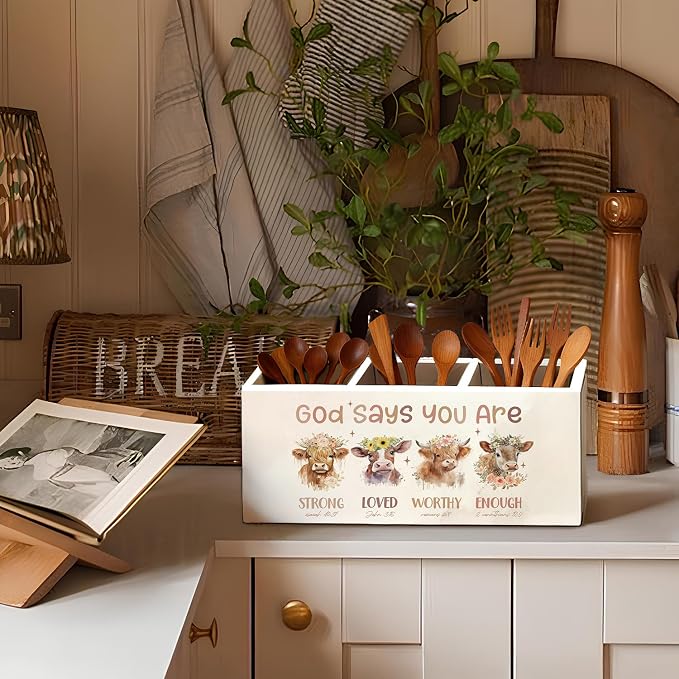 Highland Cow Christian Pen Pencil Holder for Desk, Christian Gifts for Women, God Says You Are Bible Verse Western Highland Cow Wooden Box Sign Decorations for Home Office Desk Tabletop