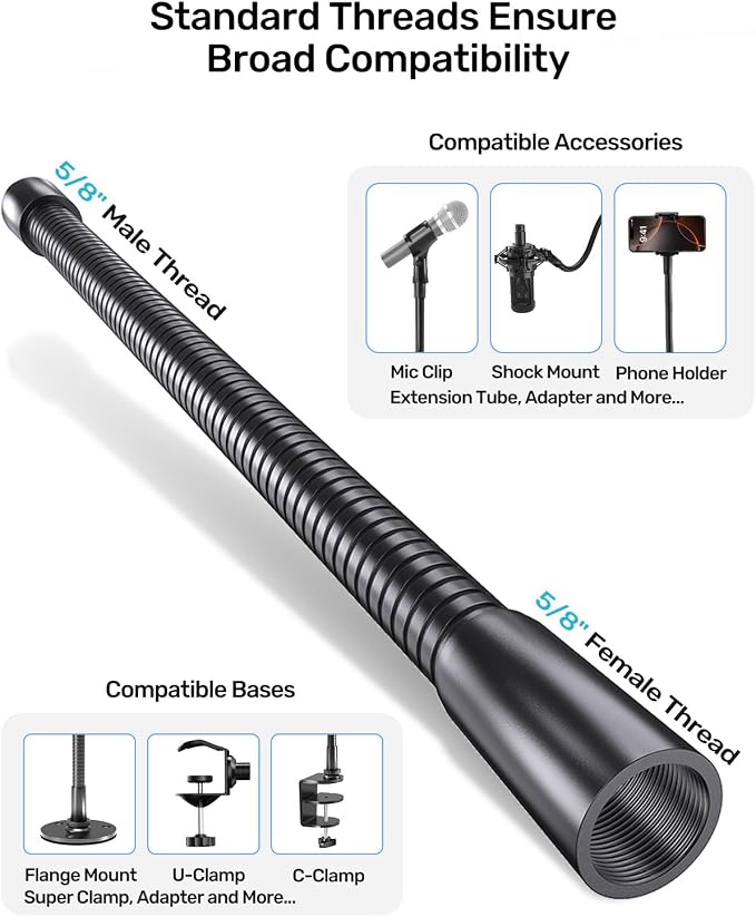 13-inch Microphone Gooseneck (5/8"-27 Thread) - 360° Adjustment, Heavy Duty &Flexible Metal Extension Arm with High Load-bearing Capacity for Podium, Drum Mic Stand, Lecture and DIY, Black