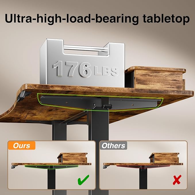 Veken 47.2"×27.6" Standing Desk with Storage Drawers, Adjustable Height Computer Table with Monitor Shelf, Home Office Desk for Study, Gaming, Workstation, Brown