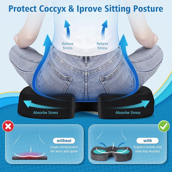 CloudBliss Gel Memory Foam Seat Cushion for Long Sitting, Large, Black | Gel Chair Pad for Tailbone, Coccyx, Sciatica , Soft Suede Cover, Non-Slip , Washable Mesh, for office, home, car