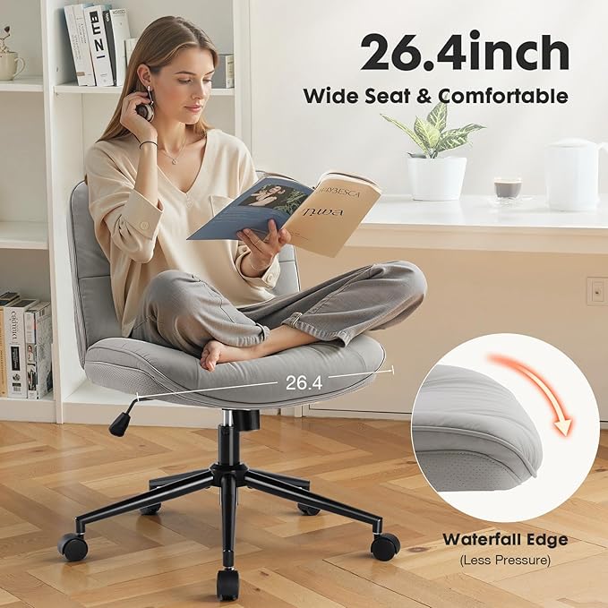 Sweetcrispy Armless-Office Desk Chair with Wheels, Cross Legged Wide Chair, PU Leather Comfortable Adjustable Swivel Computer Task Chairs for Home,Office,Make Up,Small Space,Bed Room Grey