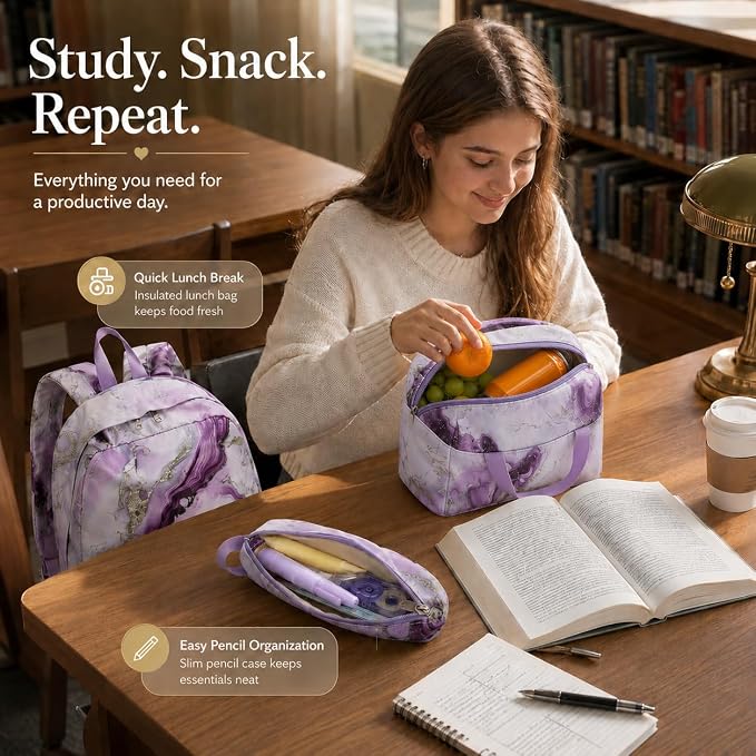 Bluboon Teen Girls School Backpack Kids Bookbag Set with Lunch Box Pencil Case Travel Laptop Backpack Casual Daypacks (Purple Marble)