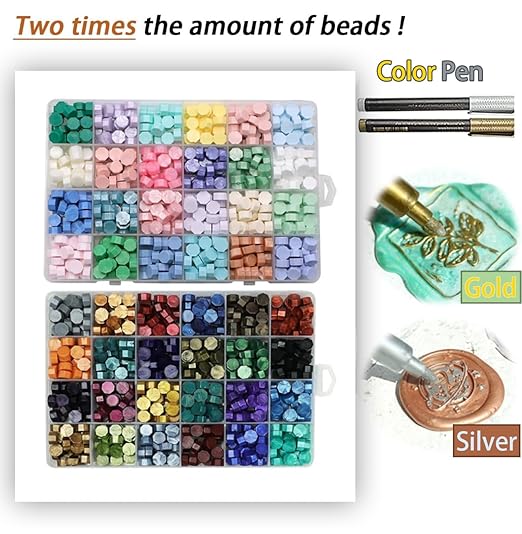 Wax Seal Kit, Electric Wax Seal Warmer, 1300 Pcs Wax Seal Beads with 4 Pcs Wax Seal Stamps, 48 Color, 50 Pcs Wax Seal Stickers, Envelope, Wax Seal Metallic Pen