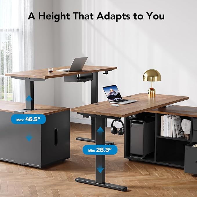 HUANUO 55 Inch L Shaped Standing Desk with Drawers, Electric Executive Desk with File Cabinet Sets, Adjustable Height Stand Up Desk, Home Office Computer Desk with 4 Memory Presets, Walnut