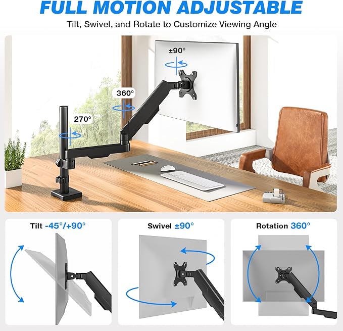 Single Monitor Arm Desk Mount for 17-34" Screens, VESA Stand Holds 22 lbs | Full-motion Adjustability, +90 to -45° Tilt, 180 Swivel, 360 Rotation, Standard 75x75mm and 100x100mm Compatible