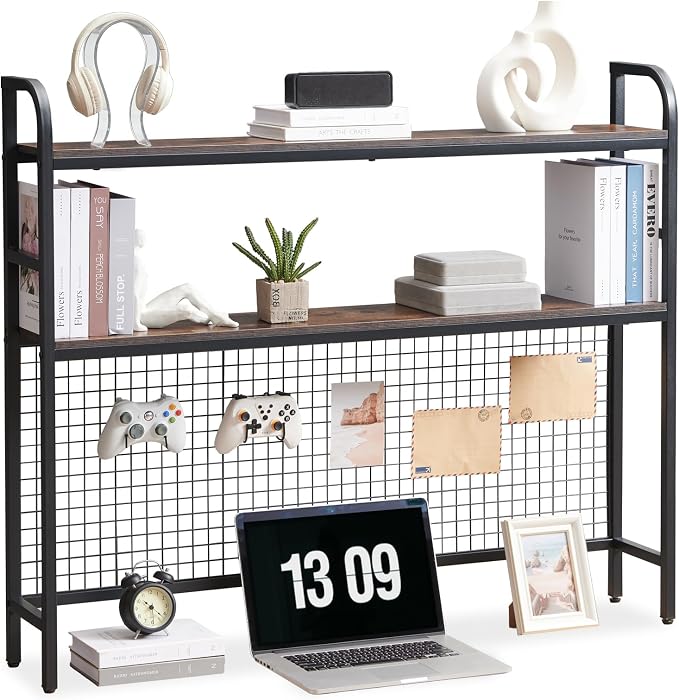 Desk Shelf, 45.3” Desktop Organizer Shelf with Grid Panel and Hooks, Desk Hutch for Computer Monitor, 2 Tier Desk Display Rack Wood Desktop Bookshelf Storage for Home Office Dorm