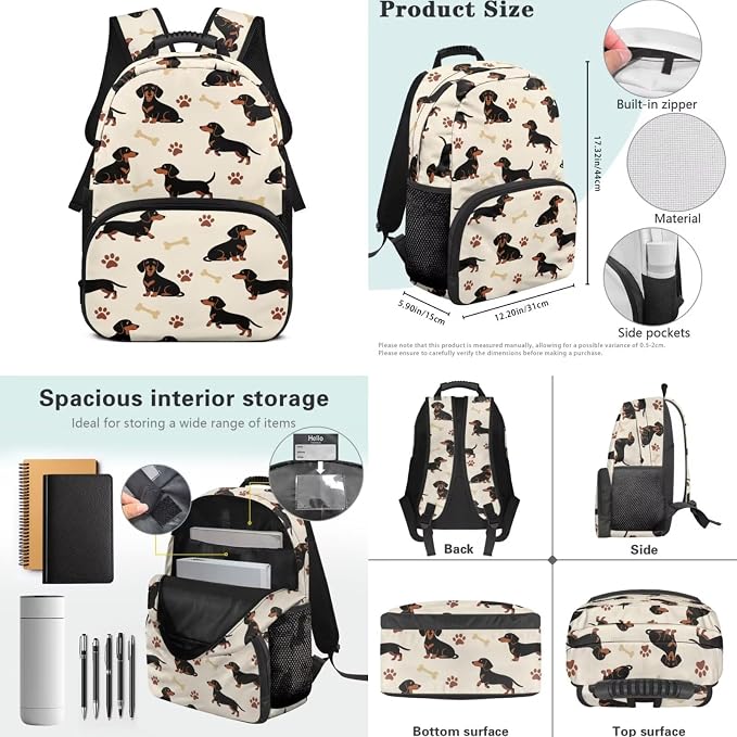 ZFRXIGN Dachshund Dog Teen Girls Backpack for School with Cute Pendant 4pc Backpack Set for Boys 17inch Middle High School Bag and Lunch Box Portable Pencil Case