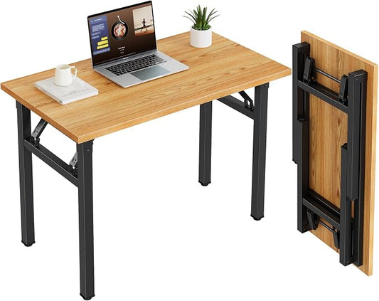 Need 35.8 Inch Folding Desk for Small Spaces, Home Office Computer Desk with Teak Wood Top & Black Frame, Foldable Writing Table for Study, Bedroom, Dorm Room & Student
