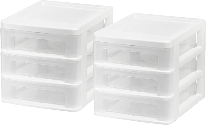 IRIS USA 2-Pack, 3-Drawer Small Plastic Stacking Desktop Organizer, White | Organize office supplies, stationery, makeup, craft materials and everyday essentials for neat desktop storage