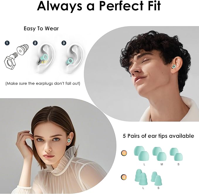 Ear Plugs for Sleeping Noise Cancelling,30-35dB NRR Silicone Earplugs with 5 Ear Tips in S/M/L,Ear Plugs for Noise Reduction for Sleep,Hearing Protection,Noise Sensitivity