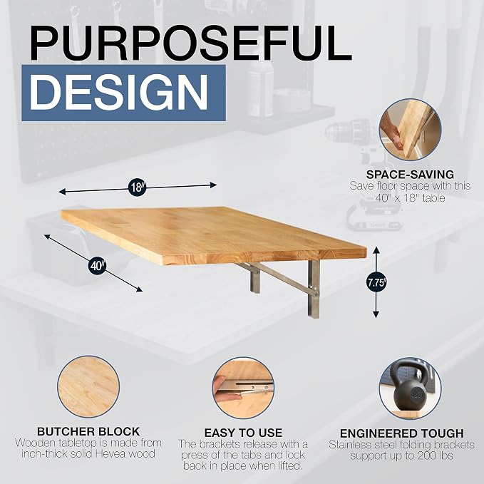 StoreYourBoard Wall Mounted Folding Workbench, Natural Wood Fold Down Work Table, Wall Mounted Folding Table, Floating Desk, Laundry Folding Table, 40 x 18 in, Stainless Steel Brackets, Holds 200 lb