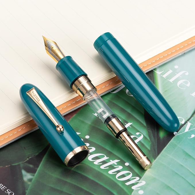 Jinhao 9019 Fountain Pen Dadao Series Lake Blue Acrylic Gold Trim #8 Medium Point with Large Converter for Writing, Signature and Art Drawing