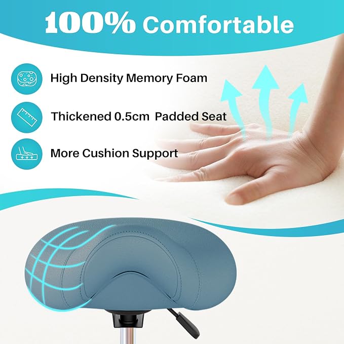YEEZEE Saddle Stool Ergonomic, Saddle Chair with Wheels, Blue | Comfortable Wide Thick Saddle Seat Padding, 360°Swivel, Adjustable Height, Ring Pedal Design, for Medical Massage Salon Spa