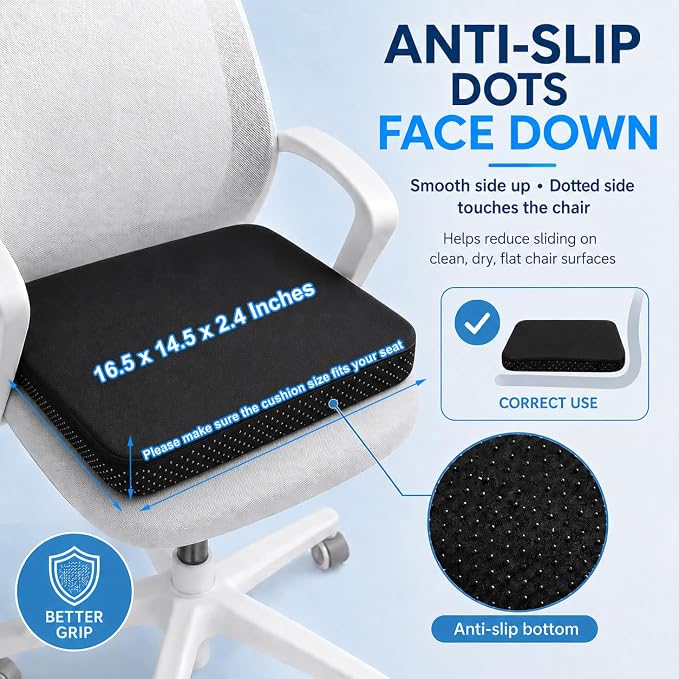 Gel Seat Cushion for Long Sitting - 16.5" x 14.5" x 2.4" (Extra Thick＆Soft) | Gel Cushion for People Over 185 lbs, Pressure Relief Cushion for Office Chair, Egg Cushions for Wheelchair, Gel Pad for Car
