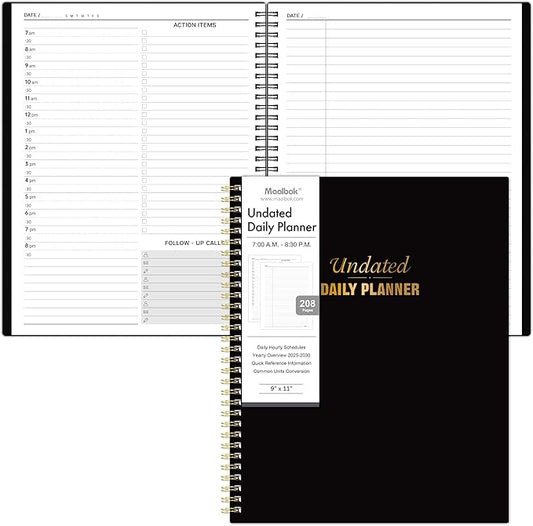 Daily Planner - 9'' x 11'' Notebook with Hourly Schedule, Undated Workbook to Record Your Appointments, 208 Pages, Elastic Closure, Inner Pocket